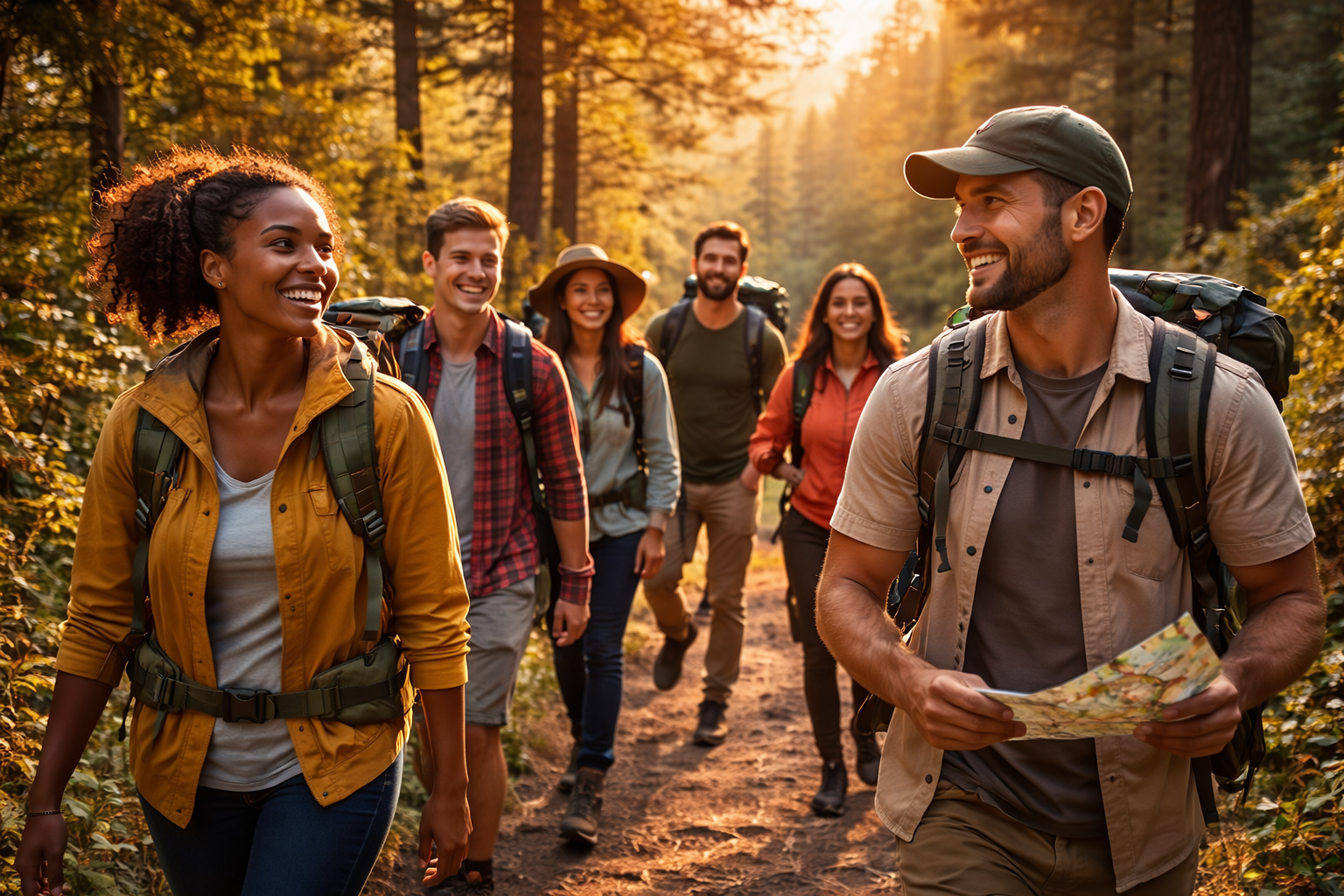 diverse group of beginner hikers following a professional guide on a scenic forest trail